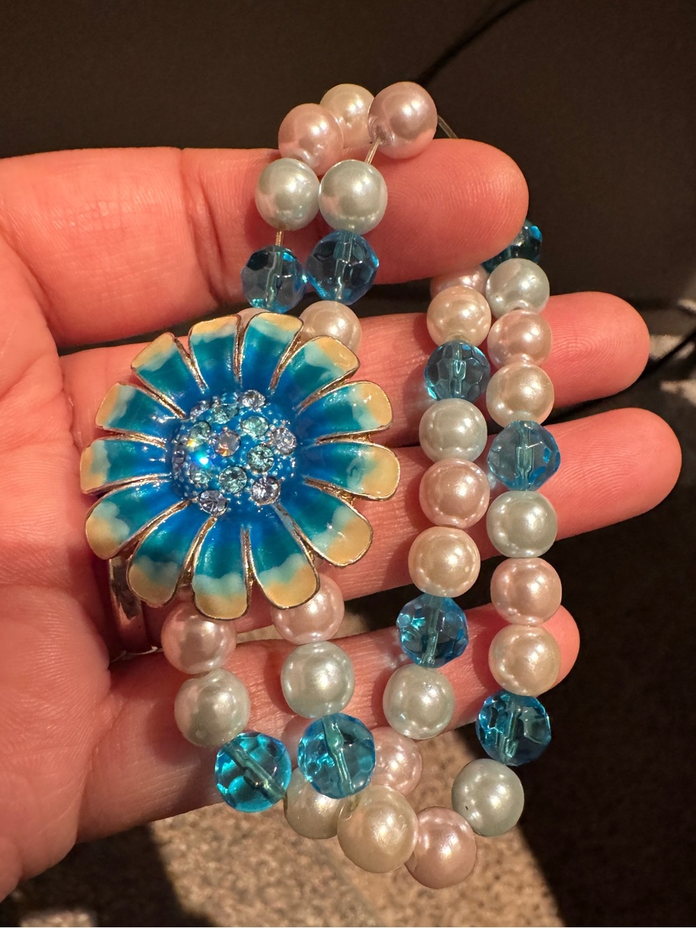 Floral Blue Enamel & Pearl Statement bracelet